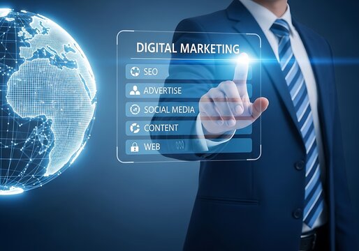 Businessman interacting with digital marketing interface showing globe SEO advertising social media content and web