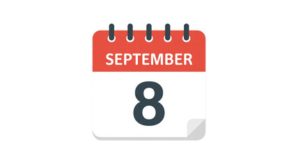 A flat design digital calendar in 8 september icon on a transparent  background. 