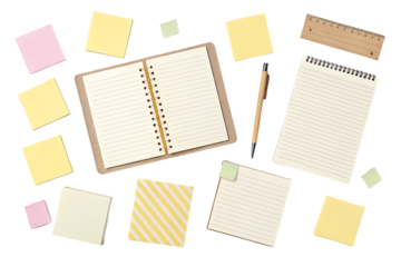 Colorful sticky notes surrounding open spiral notebook with pen and ruler supplies, isolated on a transparent background