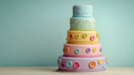 Whimsical Stack of Pastel Cakes with Rainbow Sprinkles and Colorful Buttons