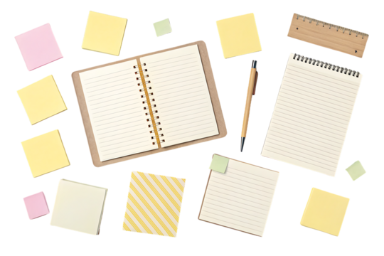 Colorful sticky notes surrounding open spiral notebook with pen and ruler supplies, isolated on a transparent background
