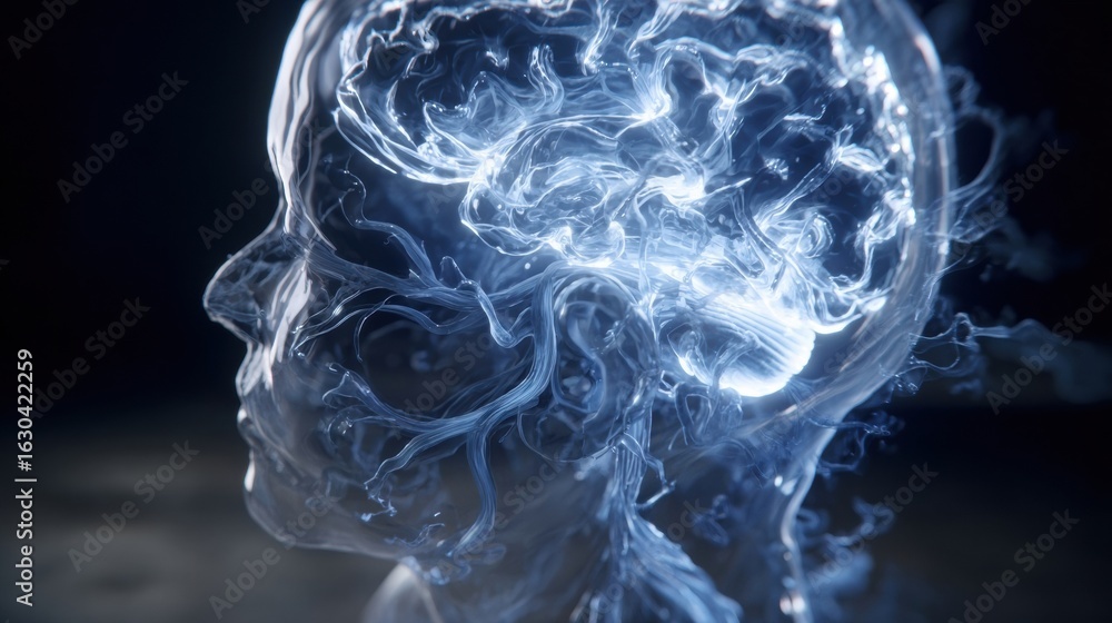 Poster representation of abstract neural activity in a translucent human head illuminated with soft light