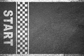 Start or finish line on car race, Start and finish line racing, Grid start race track, Top view textured and background grid start on the asphalt road race track abstract.