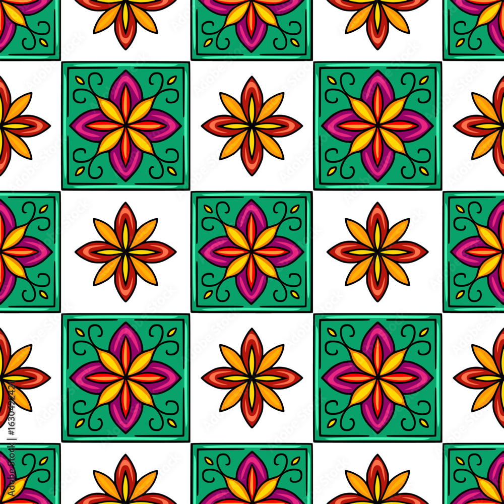 Poster seamless vector pattern with vibrant teal, orange, yellow, and purple stylized floral motifs arrange