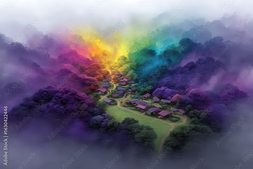 Poster aerial view of a serene village nestled amidst vibrant multicolored trees with an ethereal mist crea