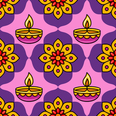 Festive Diwali Vector Seamless Pattern Vibrant Pink and Purple Background with Yellow Mandala Flowers and Lit Diyas.