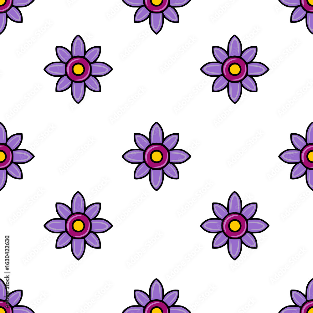 Poster seamless vector pattern with stylized purple flowers featuring a vibrant yellow and magenta center, 