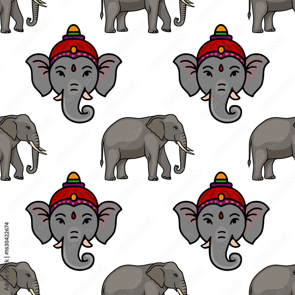 Poster seamless vector pattern featuring charming elephant heads adorned with vibrant headdresses and full-