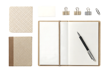 Open notebook with grid pattern, binder clips, paperclip, and fountain pen displayed systematically, isolated on a transparent background