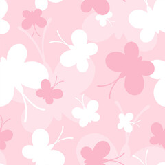 Butterfly seamless pattern. Repeating cute butterflys. Pink background. Buterfly patern. Butterflies print. Repeated flowers design. Baby girl textile. Repeat simple girly prints. Vector illustration