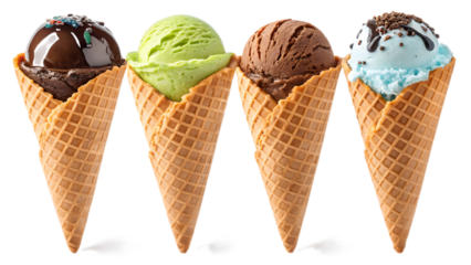 Colorful waffle cones ice Cream – choco, mint, fudge, vanilla scoops, isolated PNG on transparent background