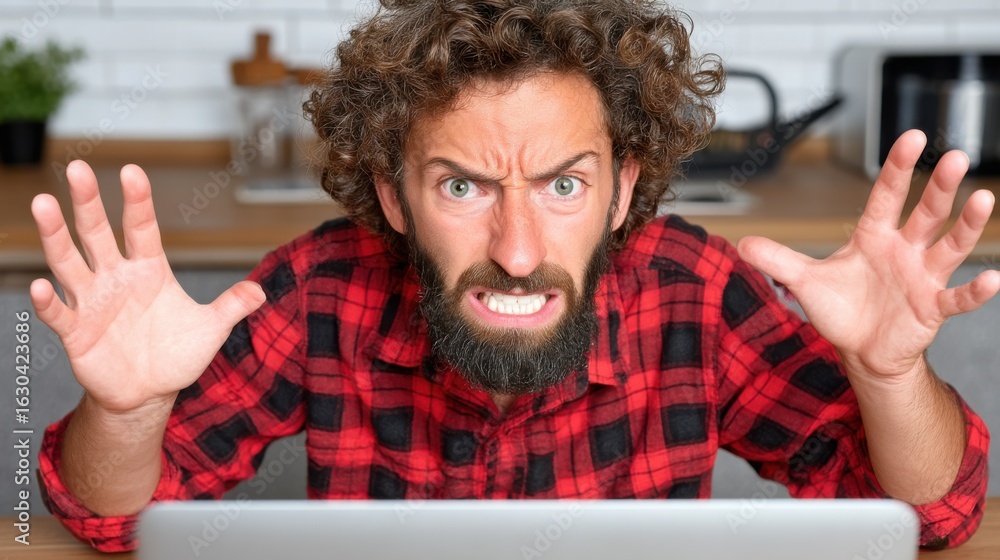 Aufkleber man with curly hair and beard showing a surprised or scared expression while sitting at a desk in a 