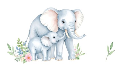 Fototapeta premium Cute elephants with flowers
