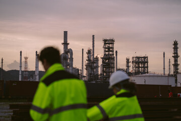 Two industrial workers, wearing high-visibility jackets, focus on background of refinery factory, Power plant infrastructure, chemical industry, energy sector. Night shift