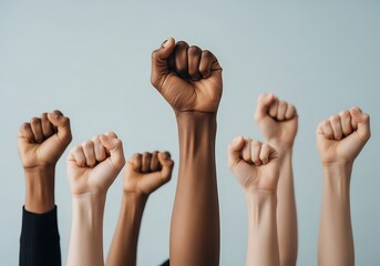 A diverse group of hands raised in solidarity and protest raised fists