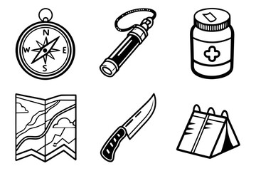 Essential Outdoor Adventure Gear Icons.
