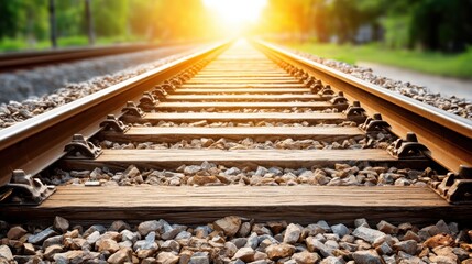 A railway track extends into the distance through a lush green landscape under bright sunlight