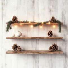Rustic Wood Shelves with Pine Cones, Garland and Ornaments,Decor ,Holiday