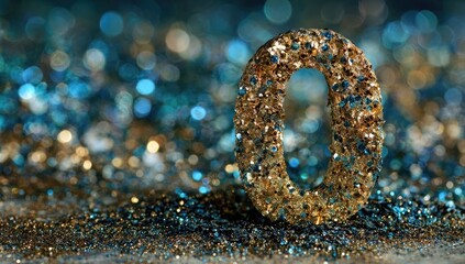 Golden glitter numeral zero on a bed of shimmering blue and gold glitter