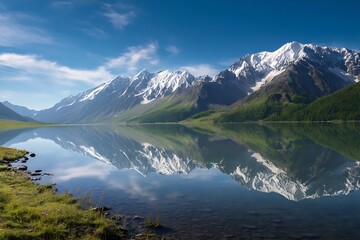 Fototapeta premium Serene mountain lake reflecting snow-capped peaks.