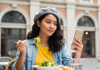 Young woman wearing a gray beret eats a salad while holding a smartphone
