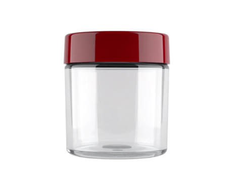 Glossy jar with red lid, container for food, cosmetics on transparent background