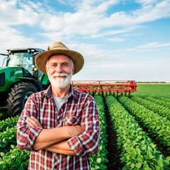 Fototapeta premium Experienced Farmer and New Tractor in a Soybean Field
