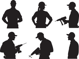 Skilled construction workers using drills in silhouette vector