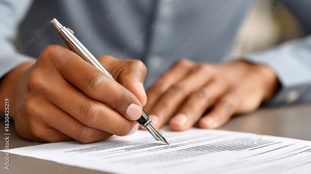 Poster man signing document with a pen on a desk in a professional setting
