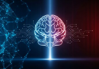 Digital brain split into blue and red halves with glowing lines and connected nodes