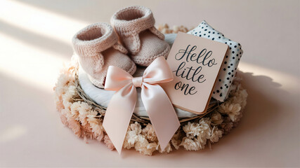 Hello Little One &ndash; Newborn Girl Greeting with Pink Booties and Floral Wreath
