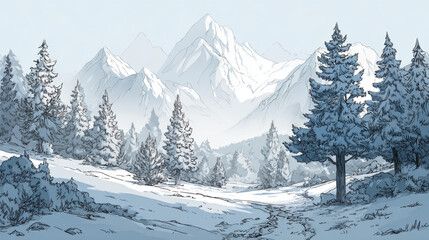 Winter mountains in snowy weather. Winter landscape of a forest against a background of mountains and snow. Winter nature vector illustration for Christmas design. Hike concept.
