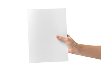 A hand holding a blank white booklet or brochure mockup for design presentation. Isolated on transparent background, png
