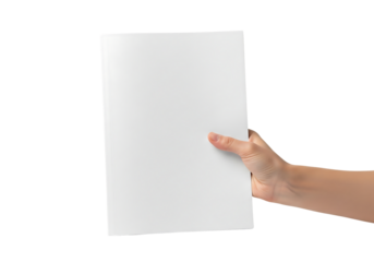 A hand holding a blank white booklet or brochure mockup for design presentation. Isolated on transparent background, png