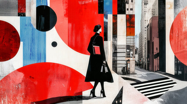 Collage-style abstract artwork featuring cut-out silhouettes of top models set against New York and London cityscapes. A bold blend of modern minimalism, lino print textures, 