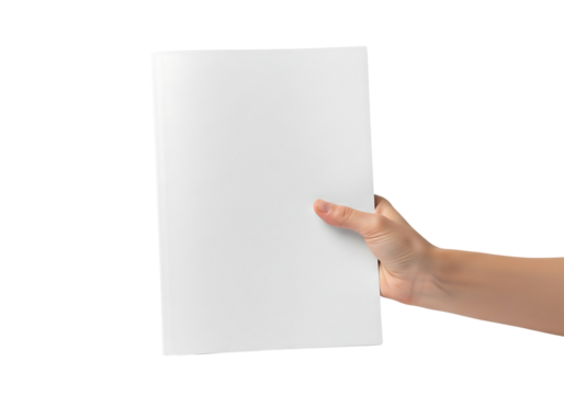 A hand holding a blank white booklet or brochure mockup for design presentation. Isolated on transparent background, png