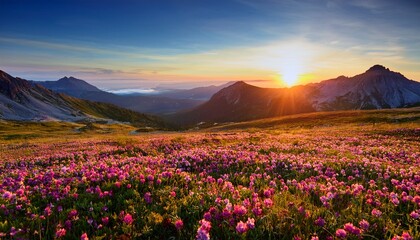 Fototapeta premium serene mountain sunrise over a blooming field of pink and orange flowers peaceful landscape scene at dawn