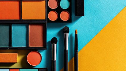 Colorful makeup palettes and brushes arranged on a teal and ochre background