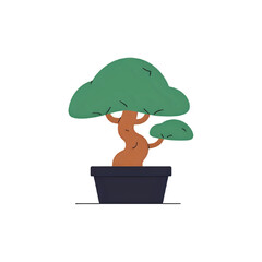 Bonsai Tree Illustration: Minimalist Green Plant in Pot - Japanese Art Design Element