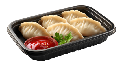 Delicious momos served on a white plate with a savory sauce. background removed