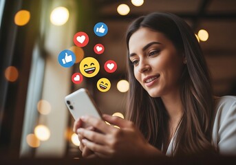 Young woman smiling while holding a smartphone with social media icons floating around her head