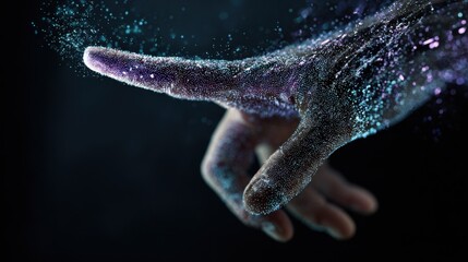 glowing hand points digital particles