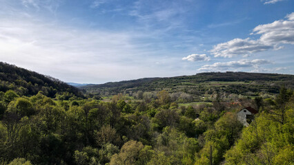 Aerial view of beautiful green forest landscape with mountains and clear blue sky, showcasing pristine nature scenery