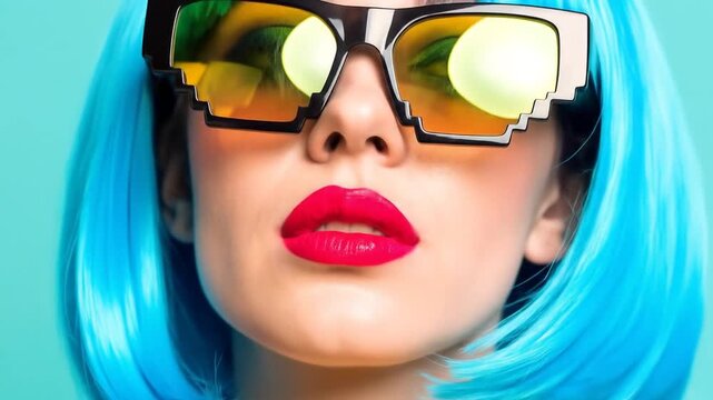 A person with striking blue hair, bold red lips, and unique, pixelated sunglasses. The reflected light gives a retro look