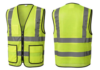 Front and back view of a high visibility yellow safety vest with reflective stripes. Isolated on transparent background, png