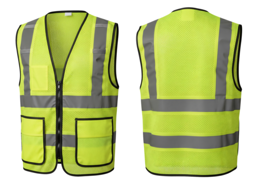 Front and back view of a high visibility yellow safety vest with reflective stripes. Isolated on transparent background, png