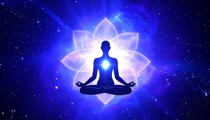 Meditative silhouette, cosmic backdrop, luminous lotus, spiritual journey, inner peace illustration