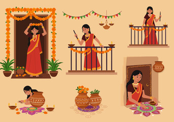 Set of illustrations depicting a woman celebrating a traditional Indian festival, decorating with marigold garlands, lighting diyas, and creating a rangoli.