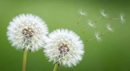 Obraz premium Two dandelion puffs against a soft green background.