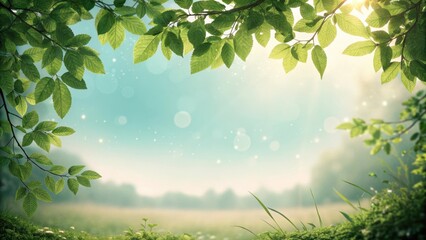 Obraz premium Sunlight filtering through lush green leaves creating a serene forest canopy